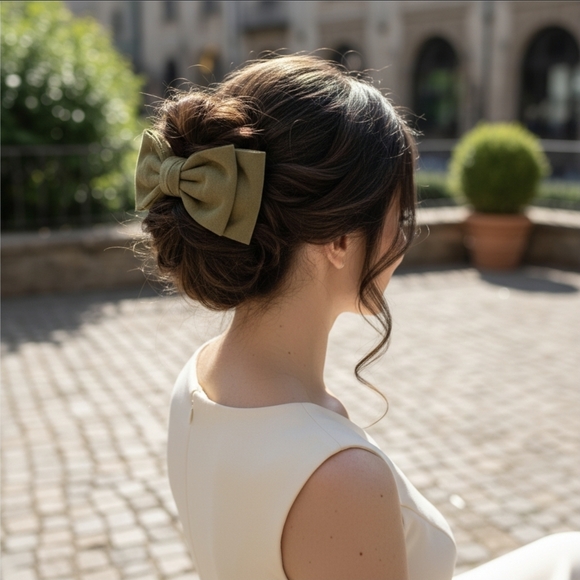 Lulus Accessories - Oversized Satin Hair Bow ✦ Olive Green Ribbed Barrette ✦ Weddings Prom Formal